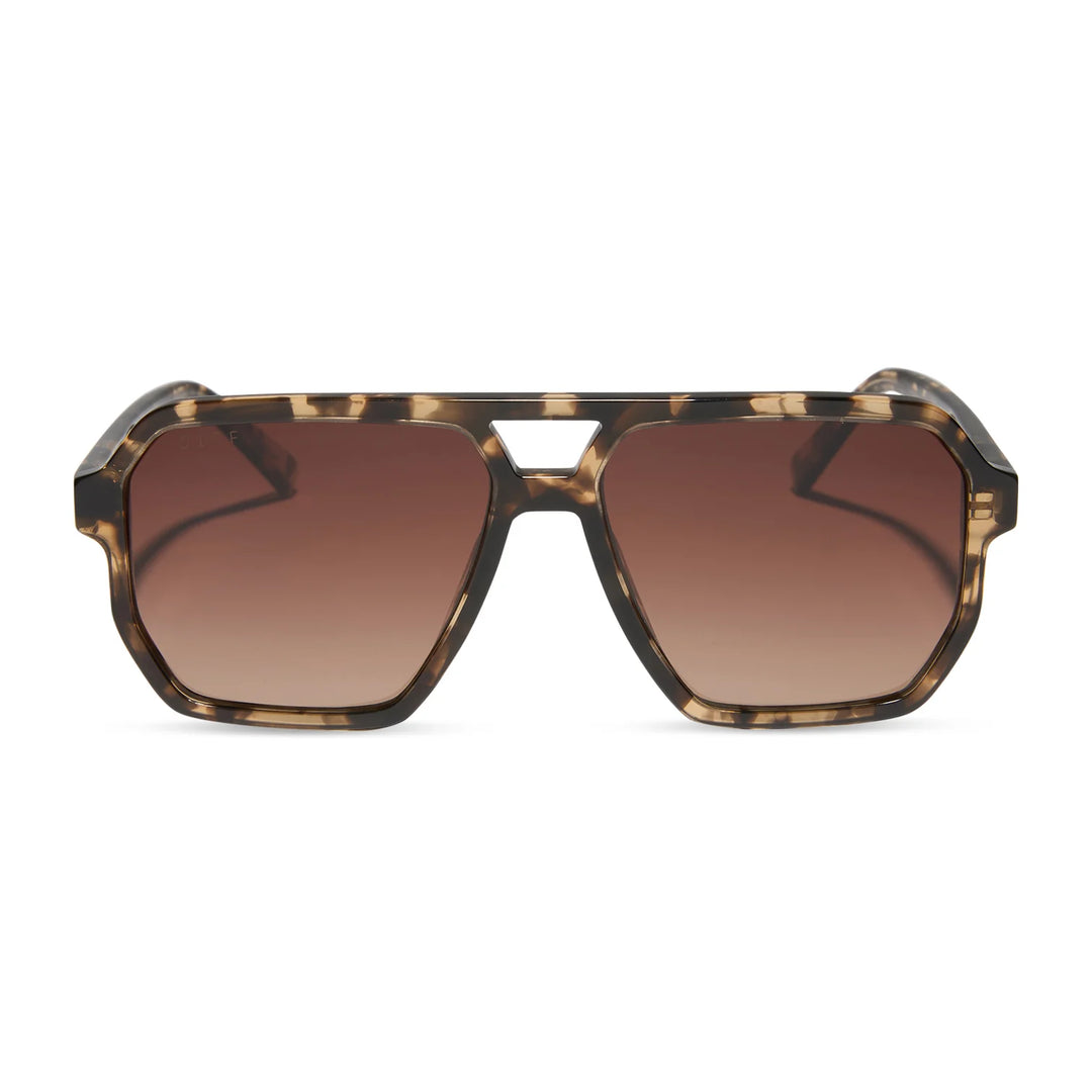 Sunglasses with tortoiseshell frame and brown lenses on a white background