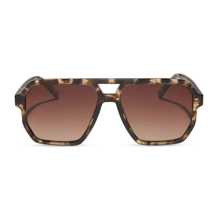 Sunglasses with tortoiseshell frame and brown lenses on a white background