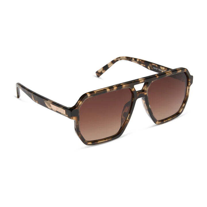 Sunglasses with tortoiseshell frame and brown gradient lenses on a white background