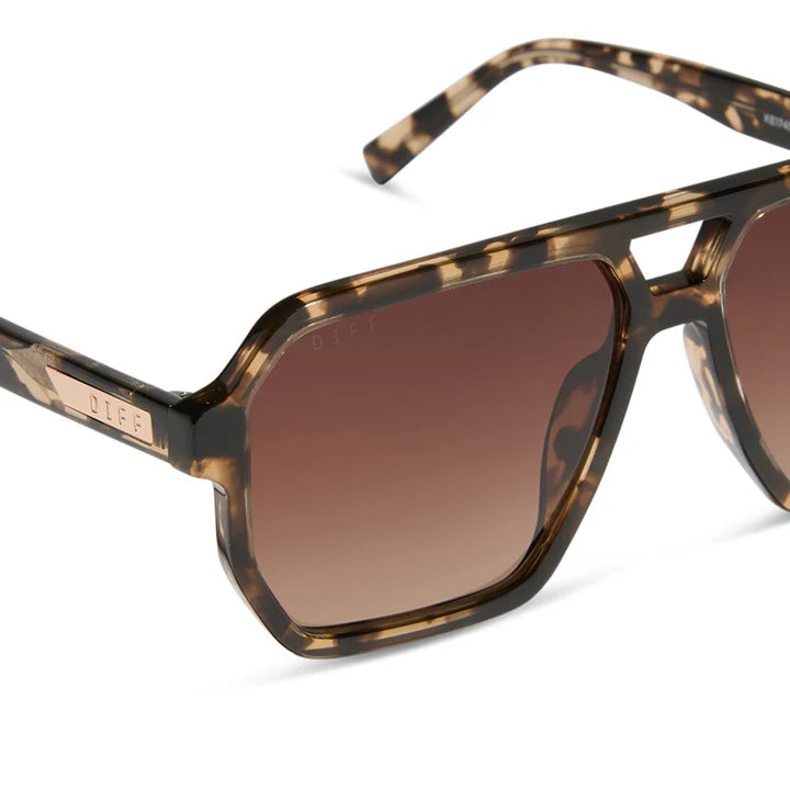Sunglasses with tortoiseshell frame and brown lenses on a white background