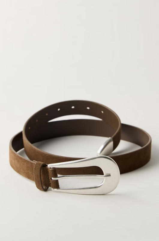 Brown belt with silver buckle on white background