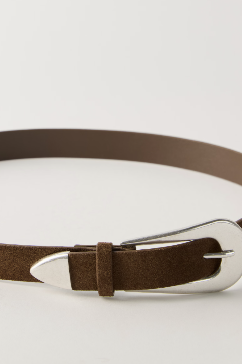 Brown belt with a silver buckle on a light gray background