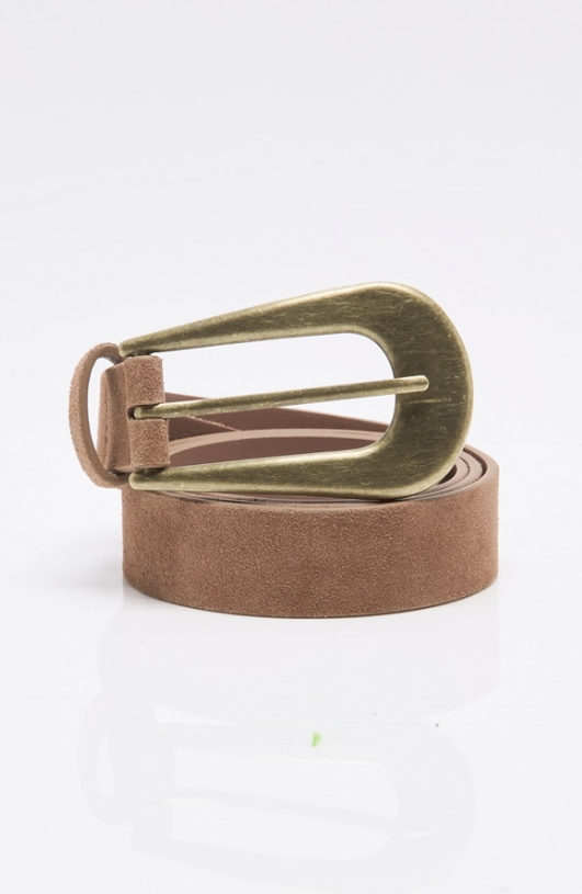 Brown belt with a gold buckle on a white background