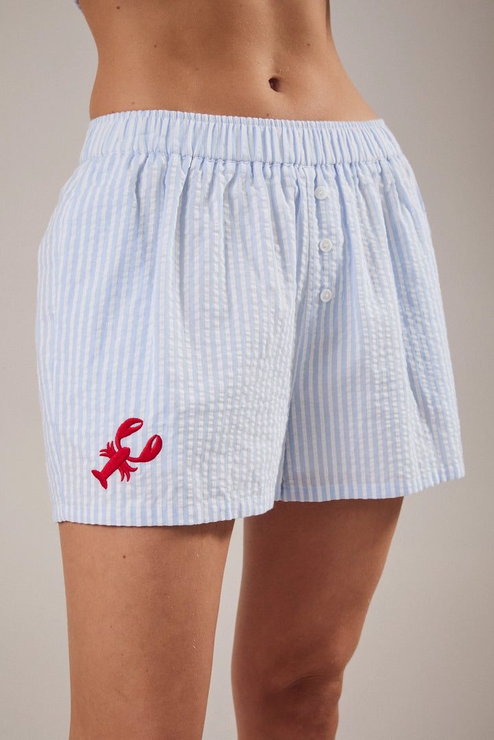 Light blue checkered boxer shorts with a red lobster design on a neutral background