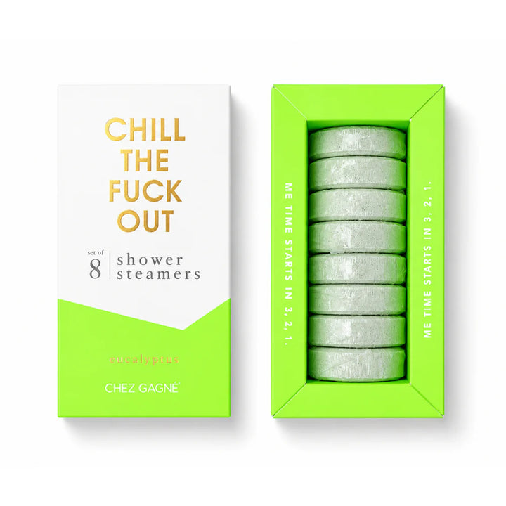 Chez Gagnée shower steamers packaging shown with the outer box and the inner tray containing eight round pale green steamers, on a white background.