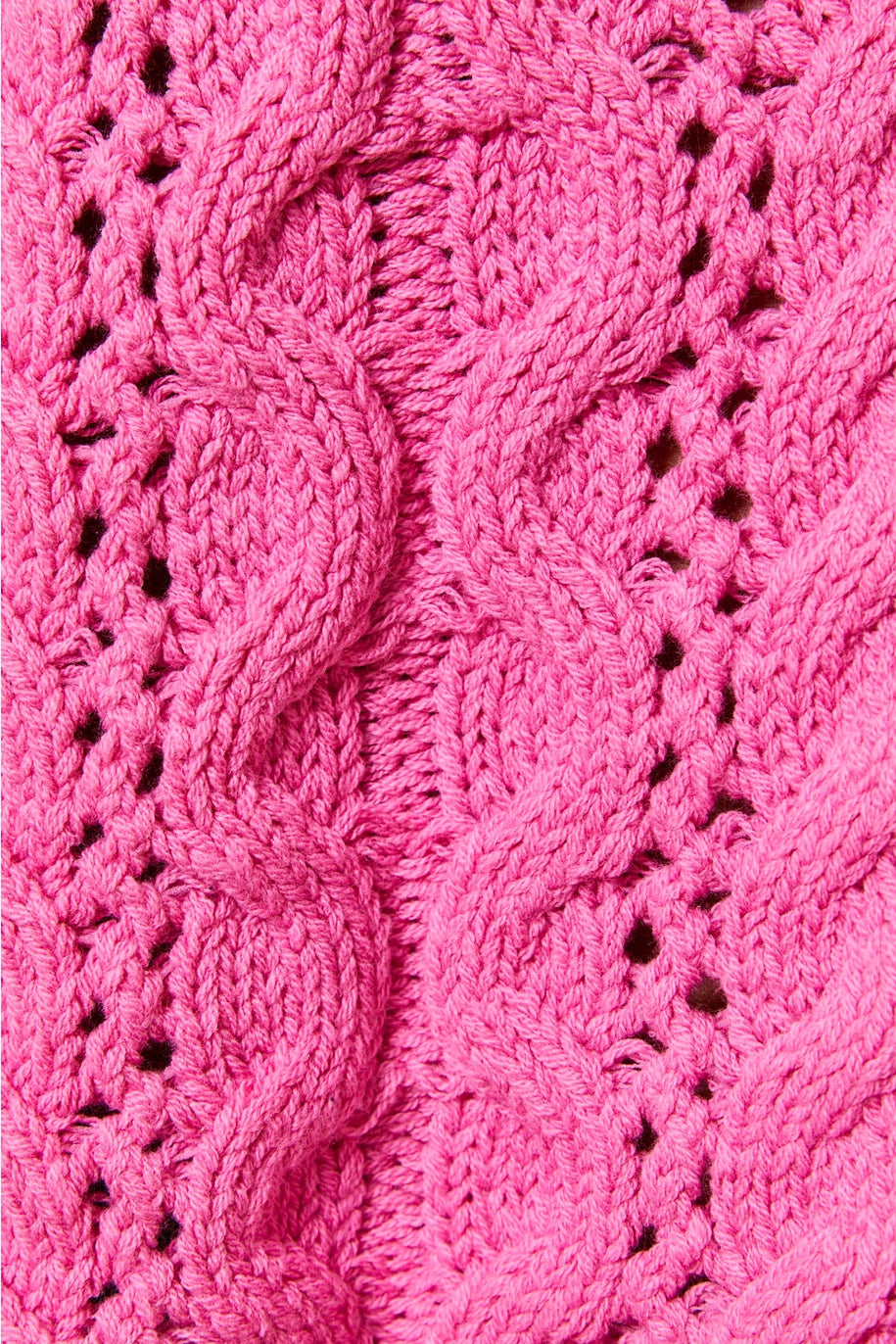 Close up of pink cable knit sweater