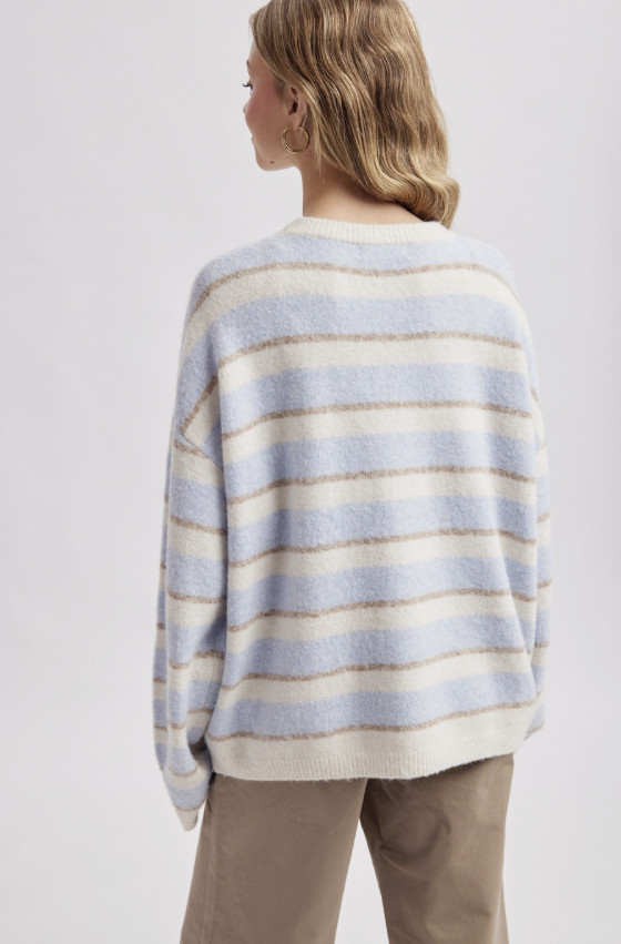 A woman shown from the back wearing a fuzzy knit sweater with horizontal stripes in light blue, cream, and tan, paired with beige trousers, against a light gray studio background.