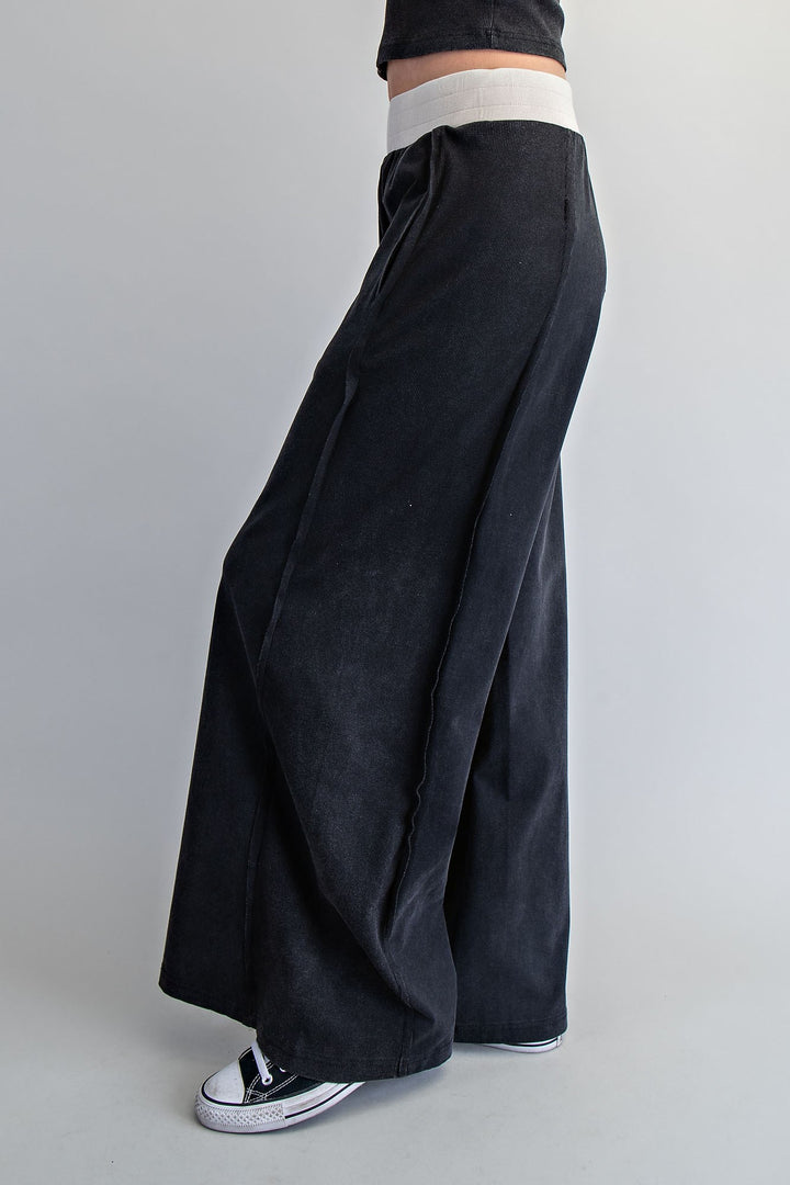 Black wide-leg pants worn by a person on a plain background