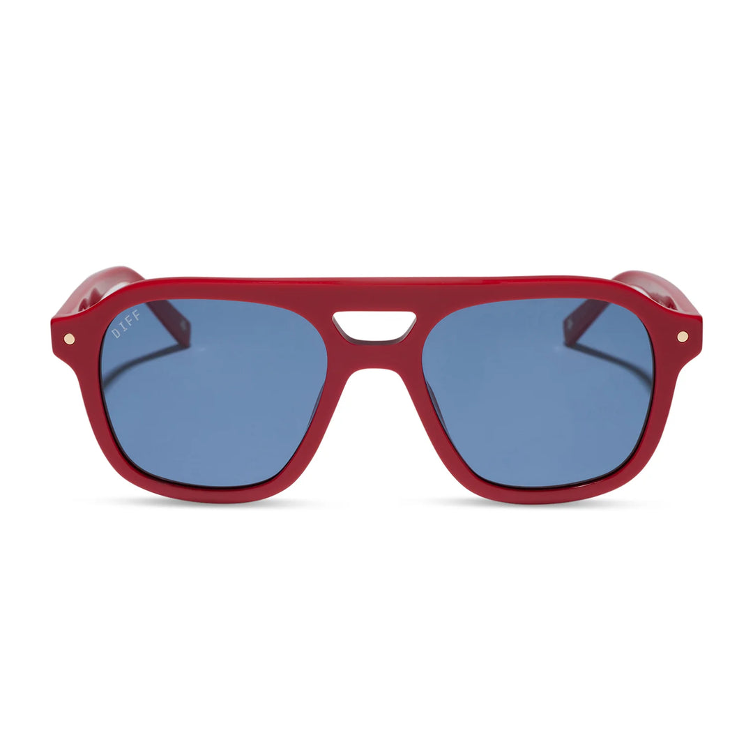 A pair of square aviator-style sunglasses with a glossy red frame and blue-tinted lenses, shown against a plain white background.