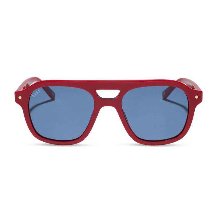 A pair of square aviator-style sunglasses with a glossy red frame and blue-tinted lenses, shown against a plain white background.
