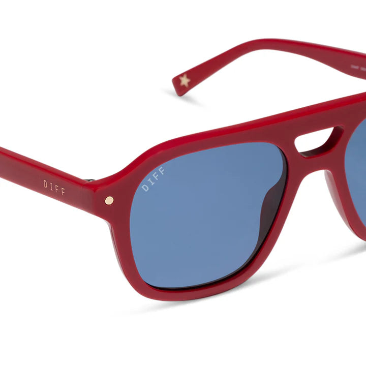 Red sunglasses with blue lenses on a white background