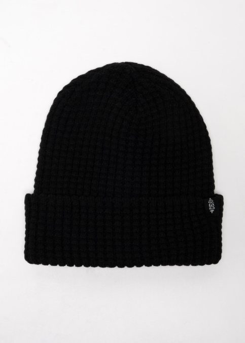 Single black beanie on plain background with FP movement logo