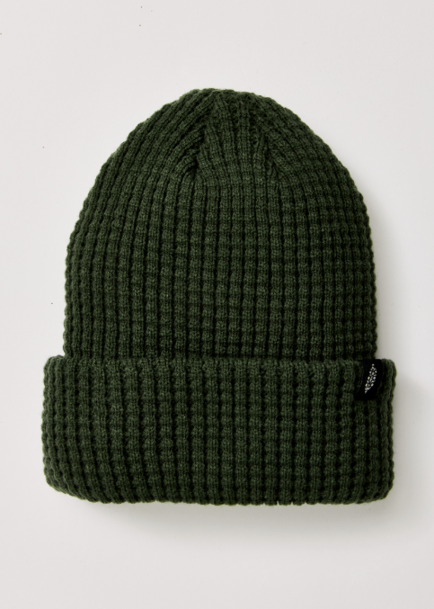 Single green beanie with logo on plain background