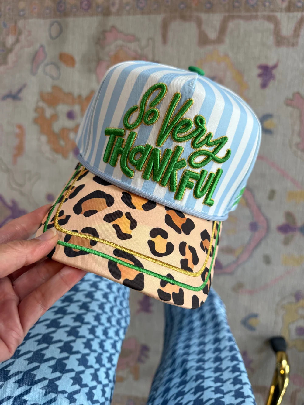 blue and white stripe trucker hat with &