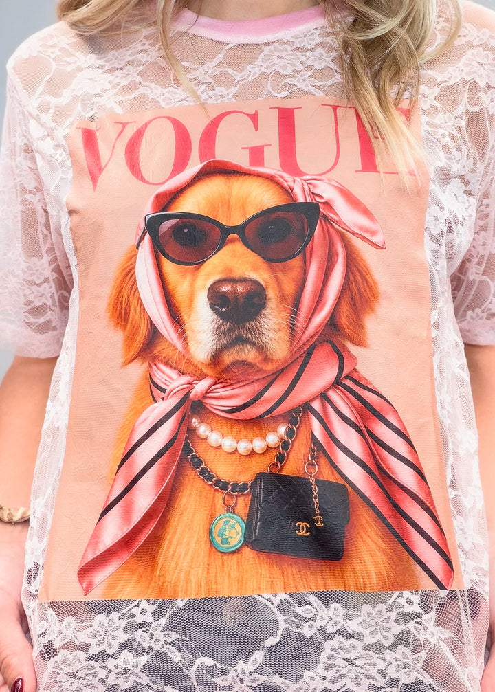 Close up of pink lace tee with golden retriever graphic on front