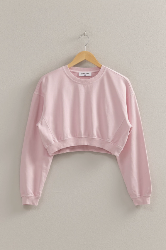 Pink sweatshirt on a hanger against a plain background