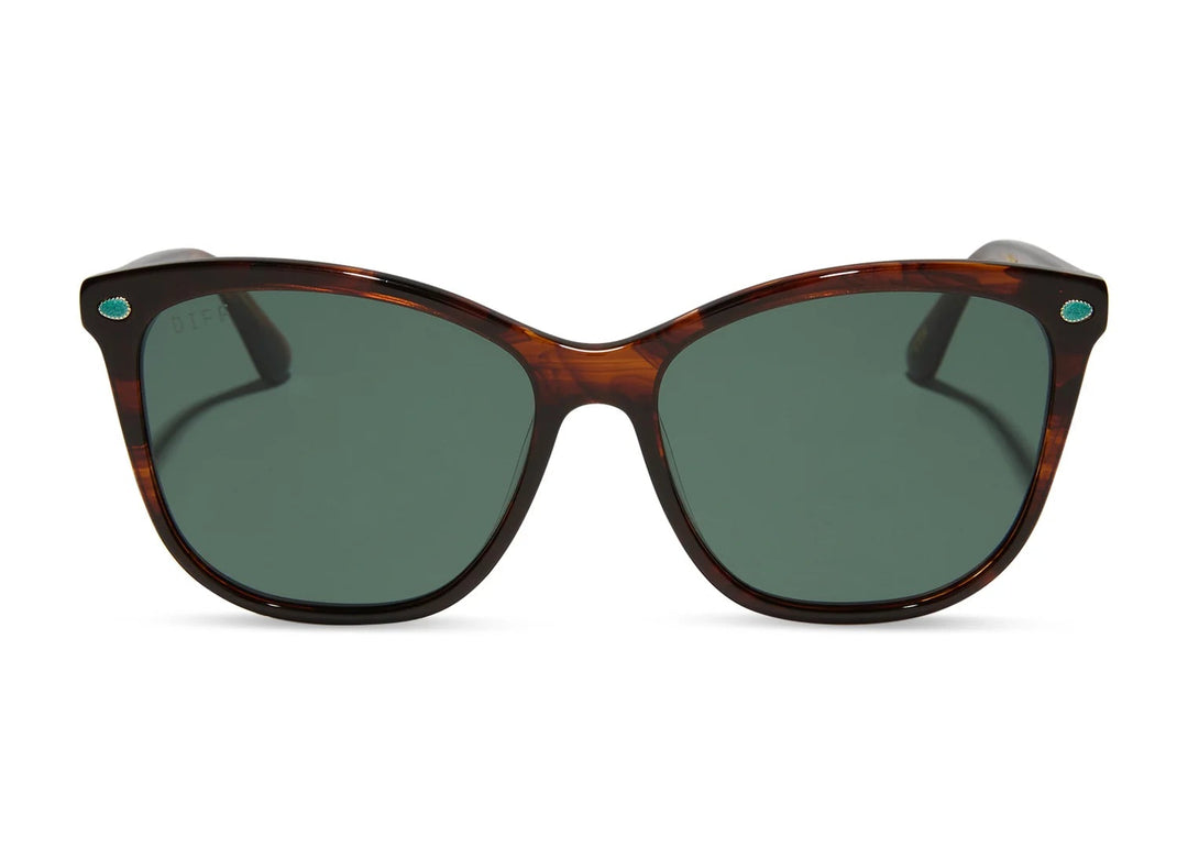 Pair of tortoise sunglasses with green lenses on white background