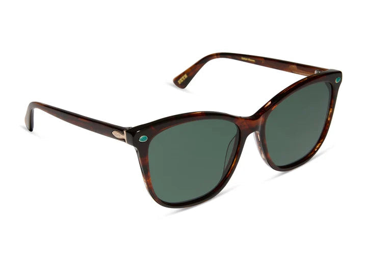Retro-style sunglasses with a brown tortoiseshell frame and dark green lenses, shown against a plain white background.