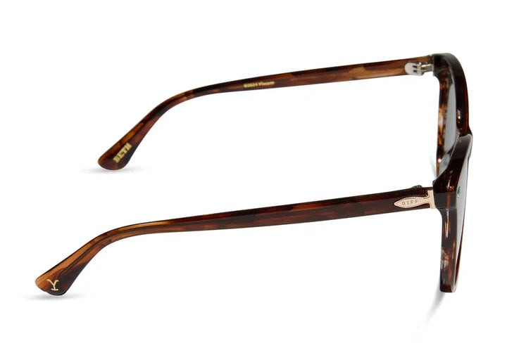 Pair of tortoise sunglasses shown from the side on white background