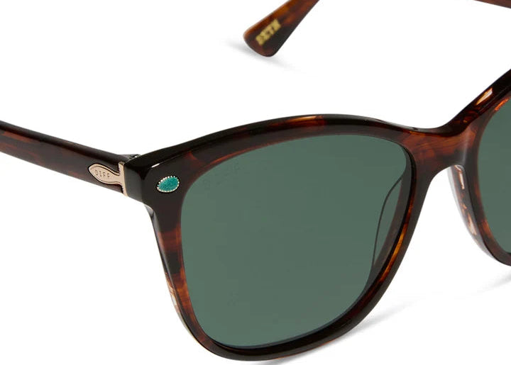 Sunglasses with tortoiseshell frame and green lenses on a white background