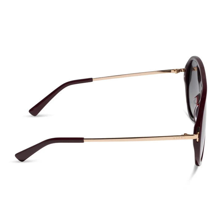Side profile of aviator-style sunglasses with dark brown acetate temples, gold metal bridge and arm, and dark lenses, shown on a white background.