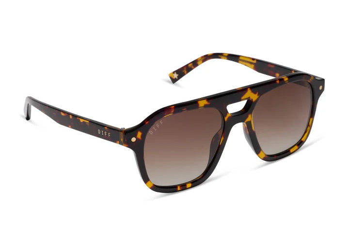 Pair of tortoise sunglasses with brown gradient lenses on white background