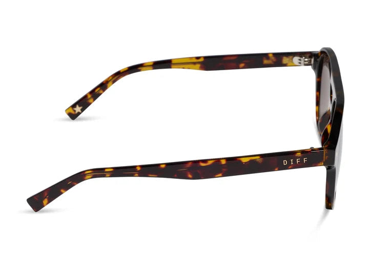 Pair of tortoise sunglasses shown from side view on white background