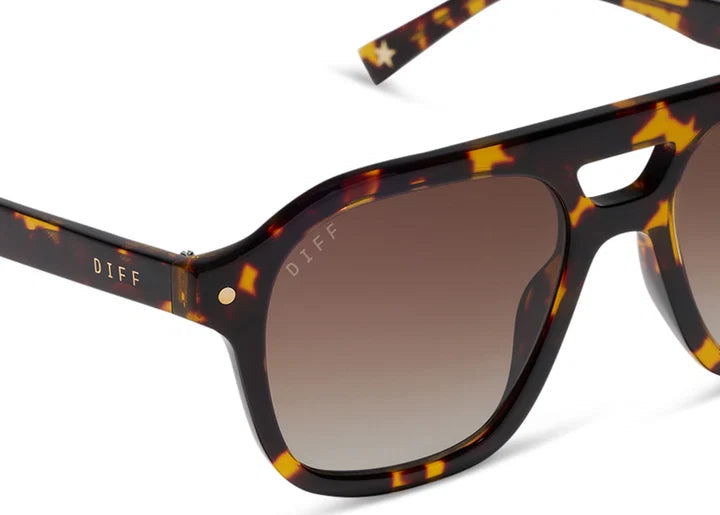 Pair of tortoise sunglasses with brown gradient lenses on white background