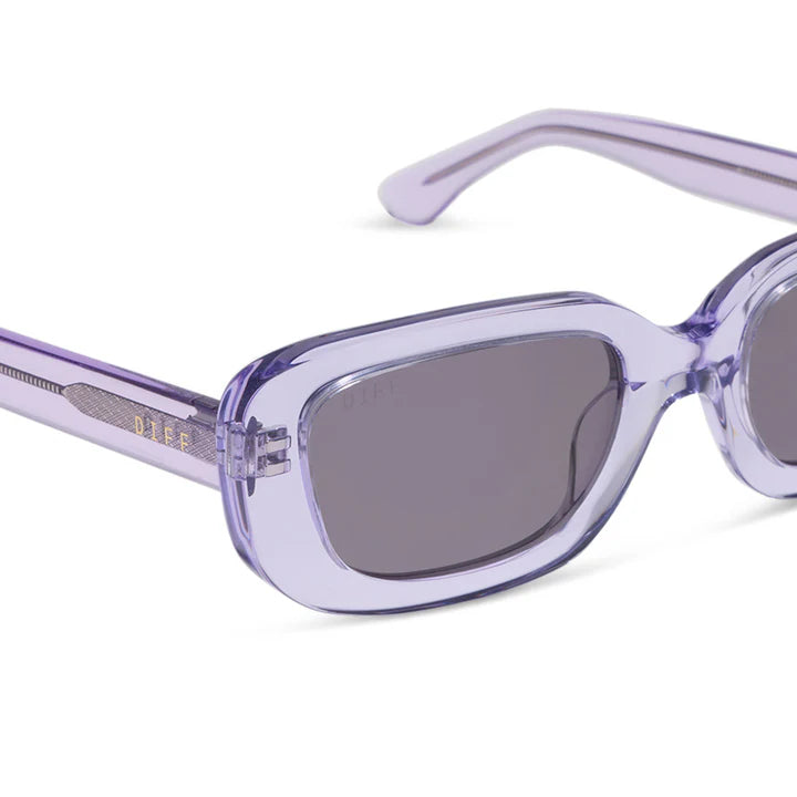 Light purple translucent square sunglasses with dark gray lenses, shown on a clean white background.