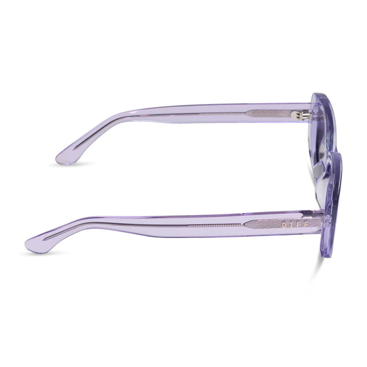 A pair of translucent light purple acetate sunglasses shown from a side profile view against a clean white background.