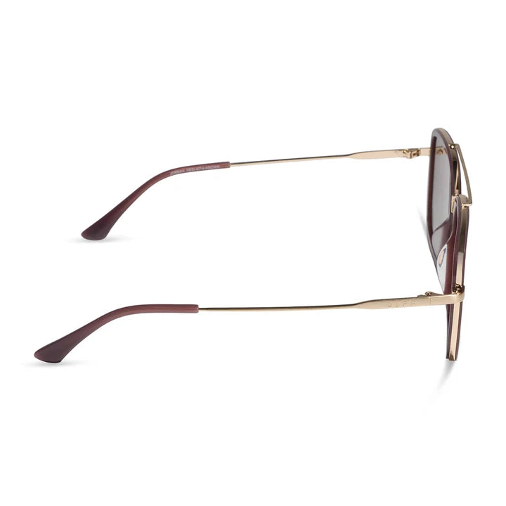 A pair of square aviator-style sunglasses shown in a side profile view on a clean white background. The frames are made of gold-toned metal with dark brown acetate detailing around the lenses and matching brown temple tips.