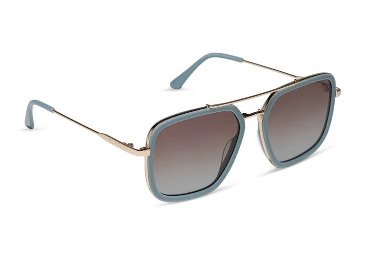 Blue sunglasses with gold frame on white background