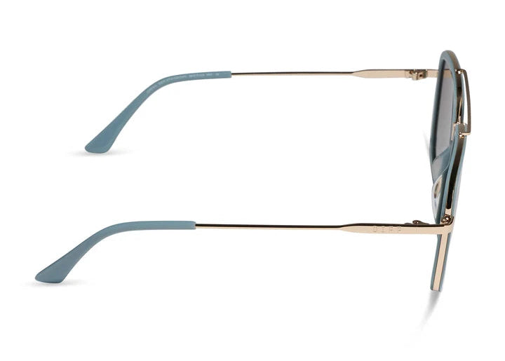 Blue sunglasses with gold frame shown from side view on white background