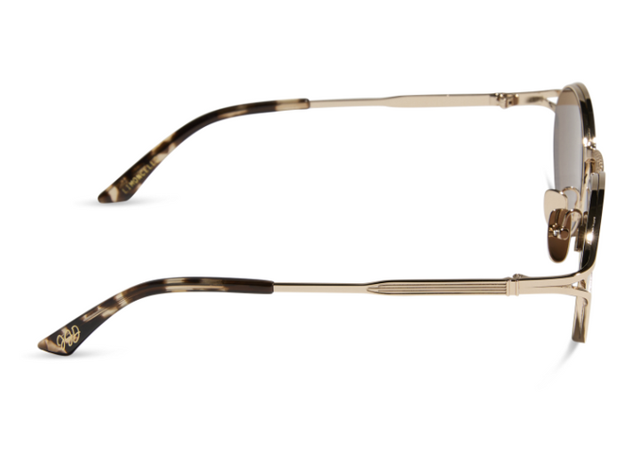Pair of gold sunglasses shown from the side on white background