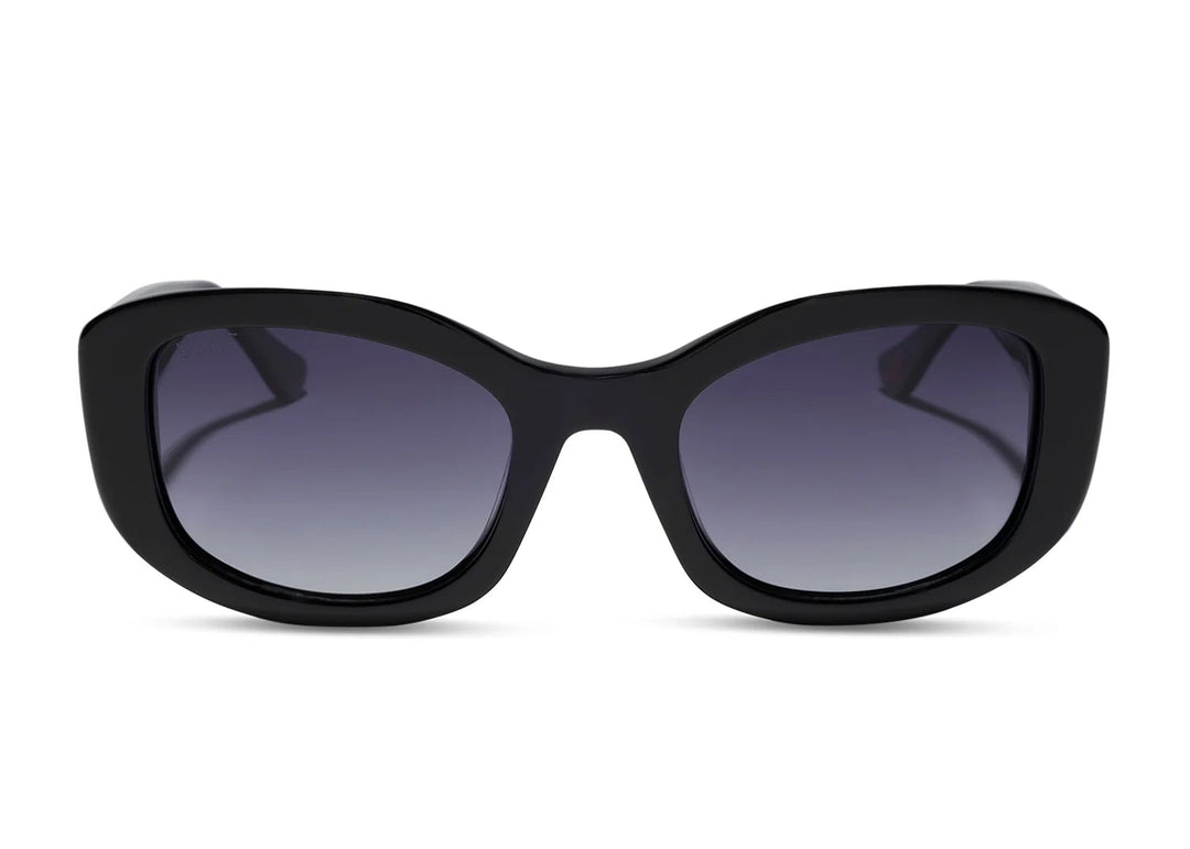 Pair of black sunglasses with grey gradient lenses on white background