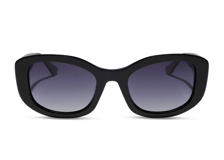 Pair of black sunglasses with grey gradient lenses on white background
