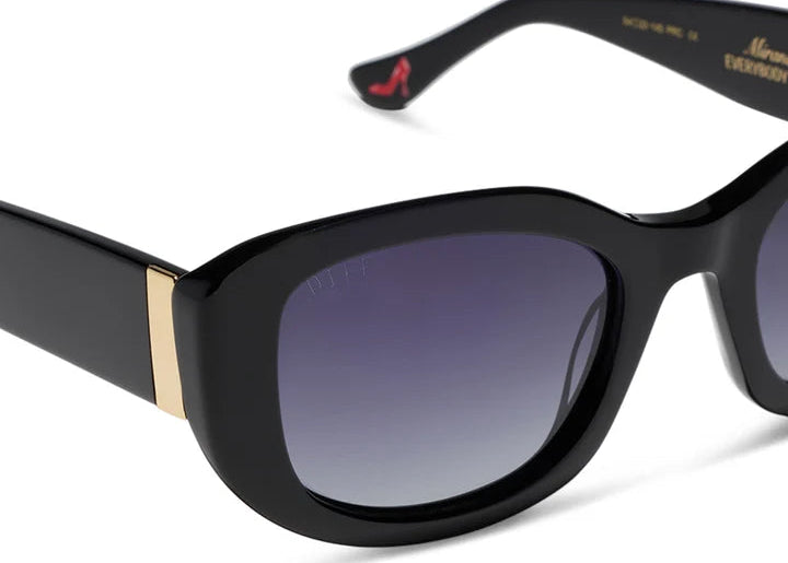 Pair of black sunglasses with grey gradient lenses on white background
