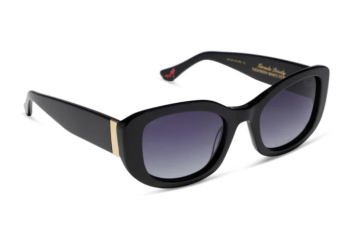 Pair of black sunglasses with grey gradient lenses on white background