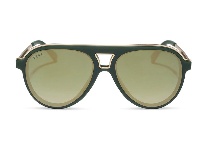 Green sunglasses with gold details and gold lenses on white background