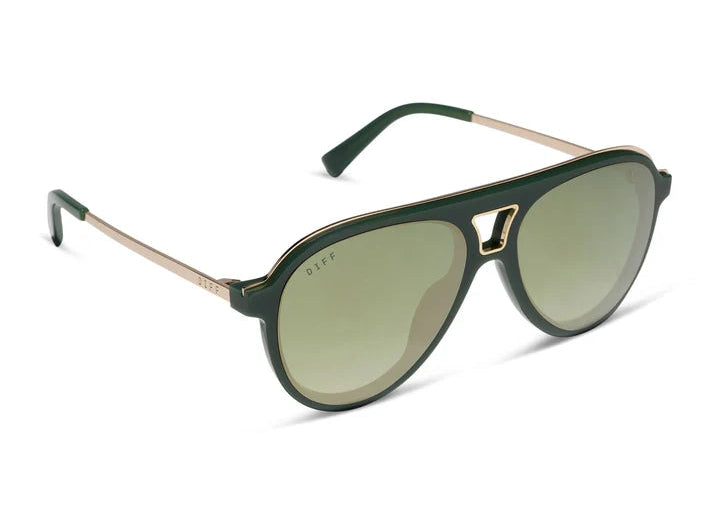 Green sunglasses with gold lenses and gold details on white background