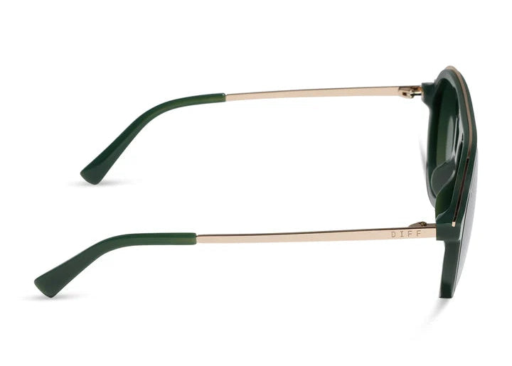 Green sunglasses with gold frame on white background