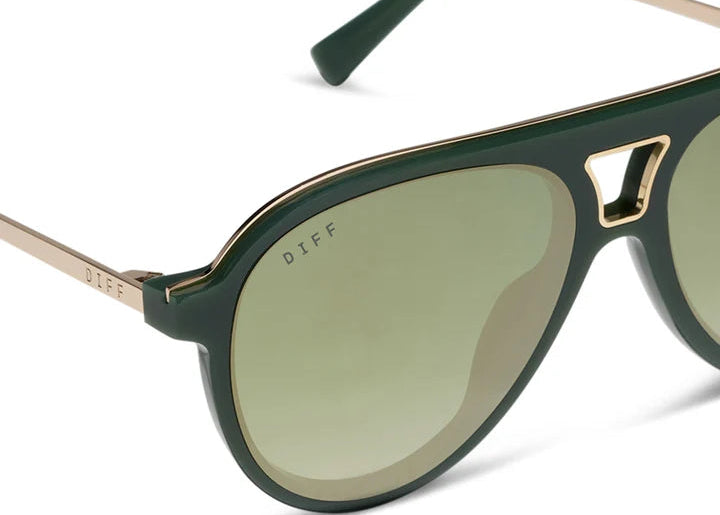 Pair of green sunglasses with gold detailing on white background