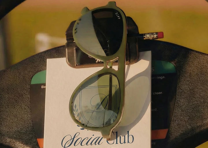 Pair of green sunglasses on golf score card