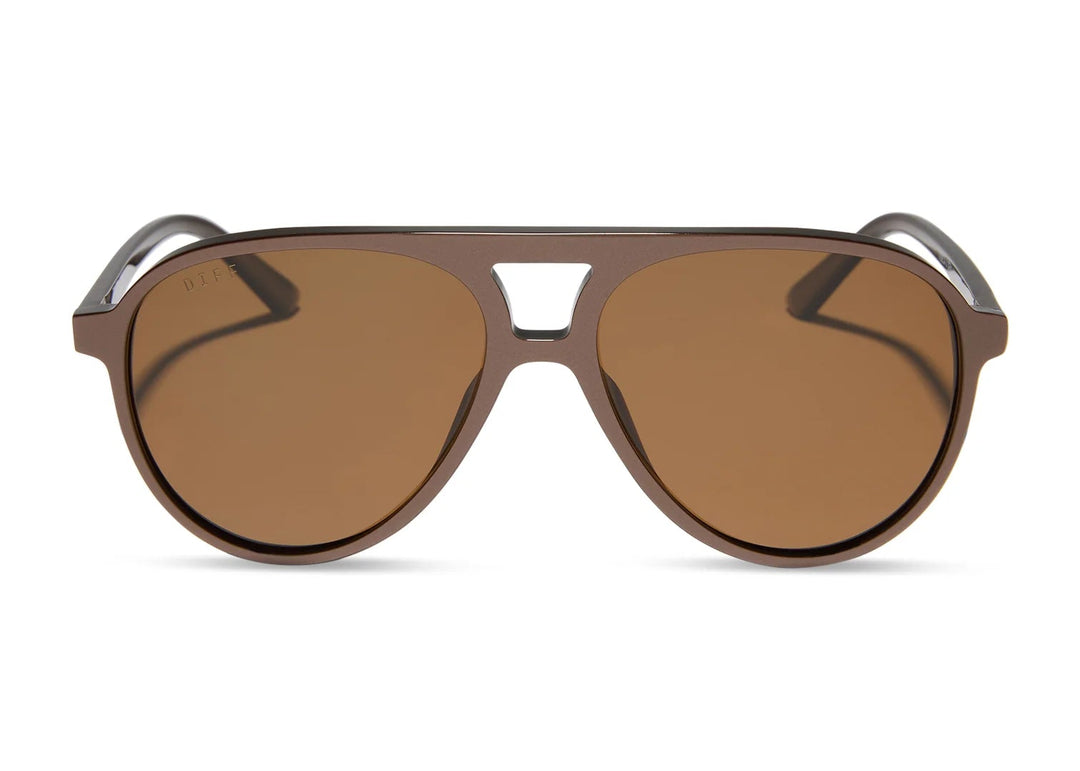 Pair of brown sunglasses with brown lens on white background