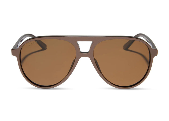 Pair of brown sunglasses with brown lens on white background
