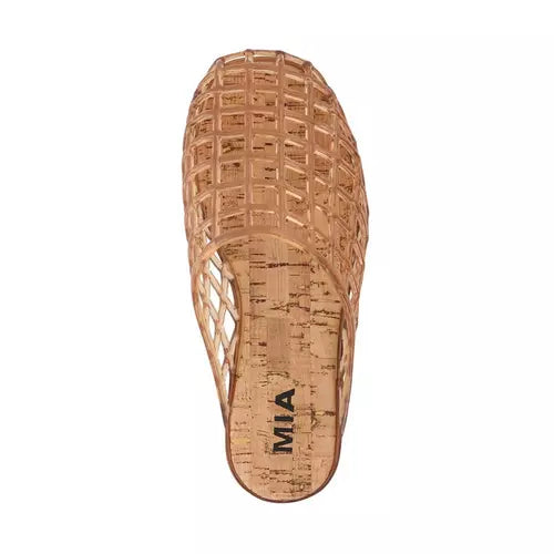 Cork sandal with woven pattern on a white background