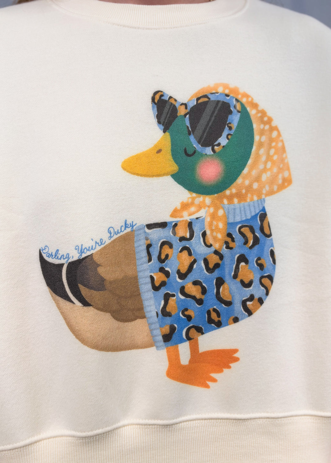 Close up of duck graphic sweatshirt with &