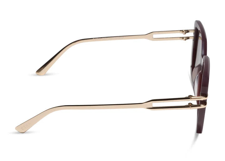 Side view of brown and gold sunglasses on white background