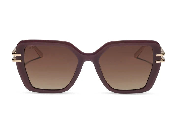 Brown and gold sunglasses with brown gradient lenses on white background