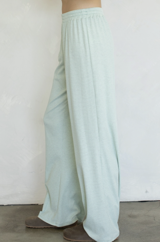 Woman wearing mint stripe pants on plain background